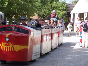 Riders on the M&M Railroad trackless train